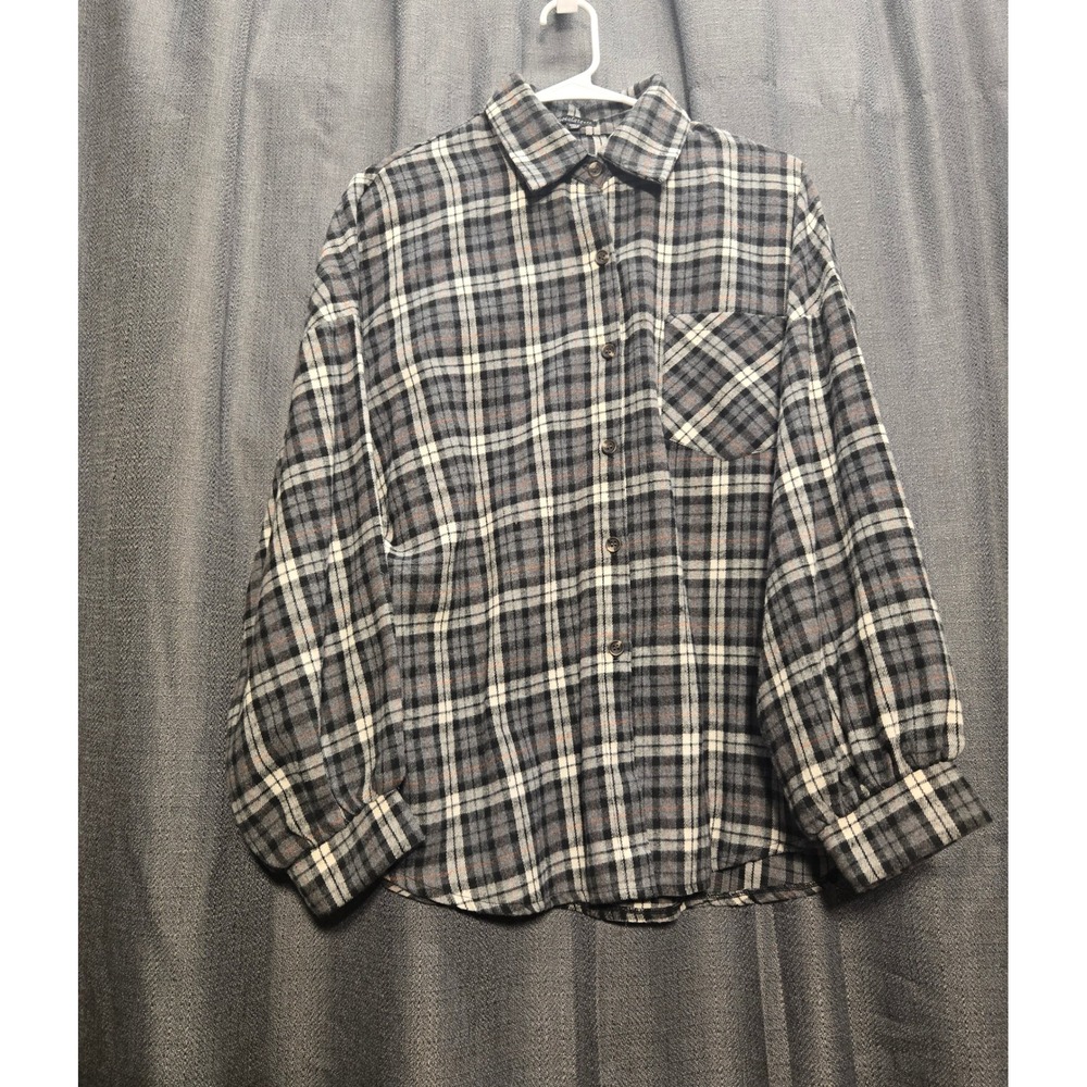 Chocolate USA Plaid Flannel Shirt Long Sleeve Button Up Gray‎ Small